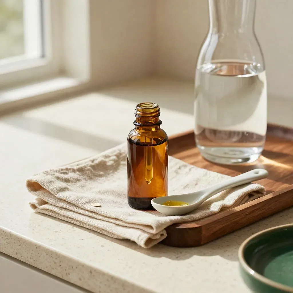 Amber CBD oil bottle, spoon with hanging drop, linen napkin and water carafe in warm window light.