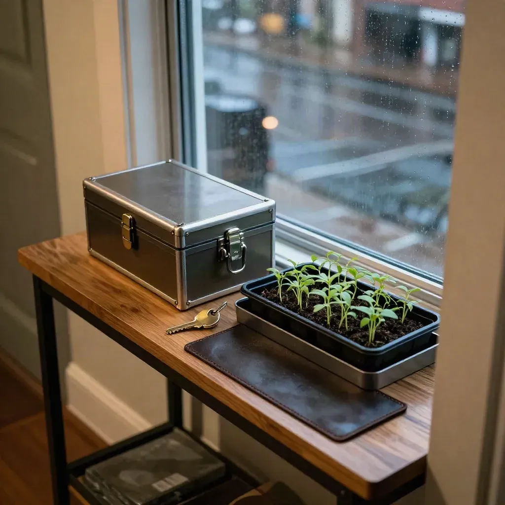 Keys, locked storage box, seedlings, and rain on a window in an apartment entryway.