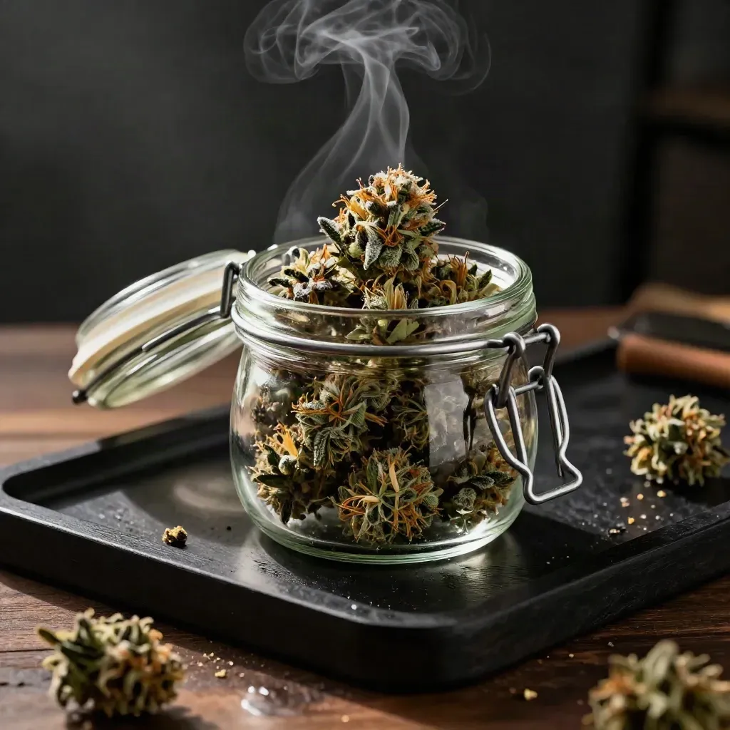 Opened glass jar of cannabis flower with rising aroma plume on a blackened wood tray, cinematic low light.
