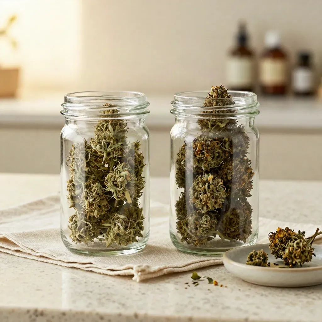 Two cannabis flower jars with a linen runner and ceramic dish in a calm editorial setup.