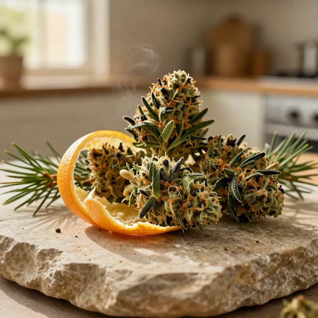 Three cannabis flower clusters with citrus peel, pine needles, and wood chip on stone