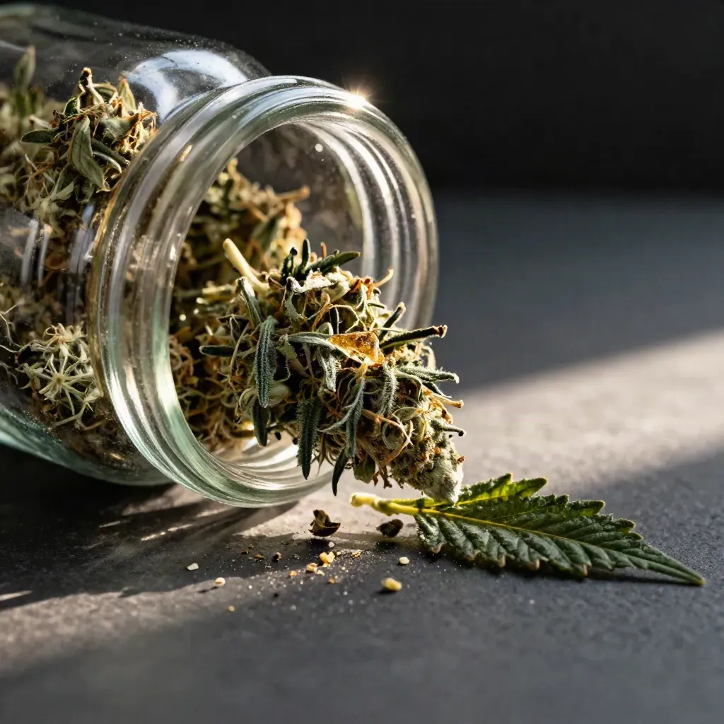 Cracked jar and brittle cannabis bud shedding crumbs in a dark, cinematic macro.