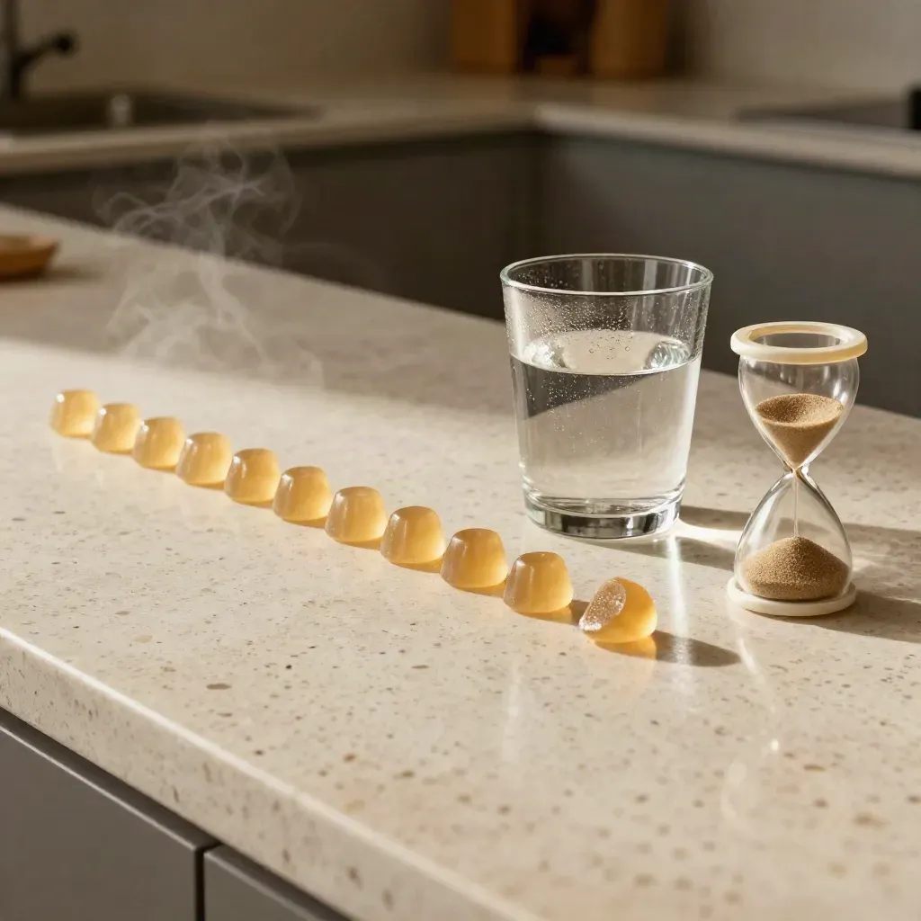 Gummies lined on travertine beside water and an hourglass, one gummy set apart.