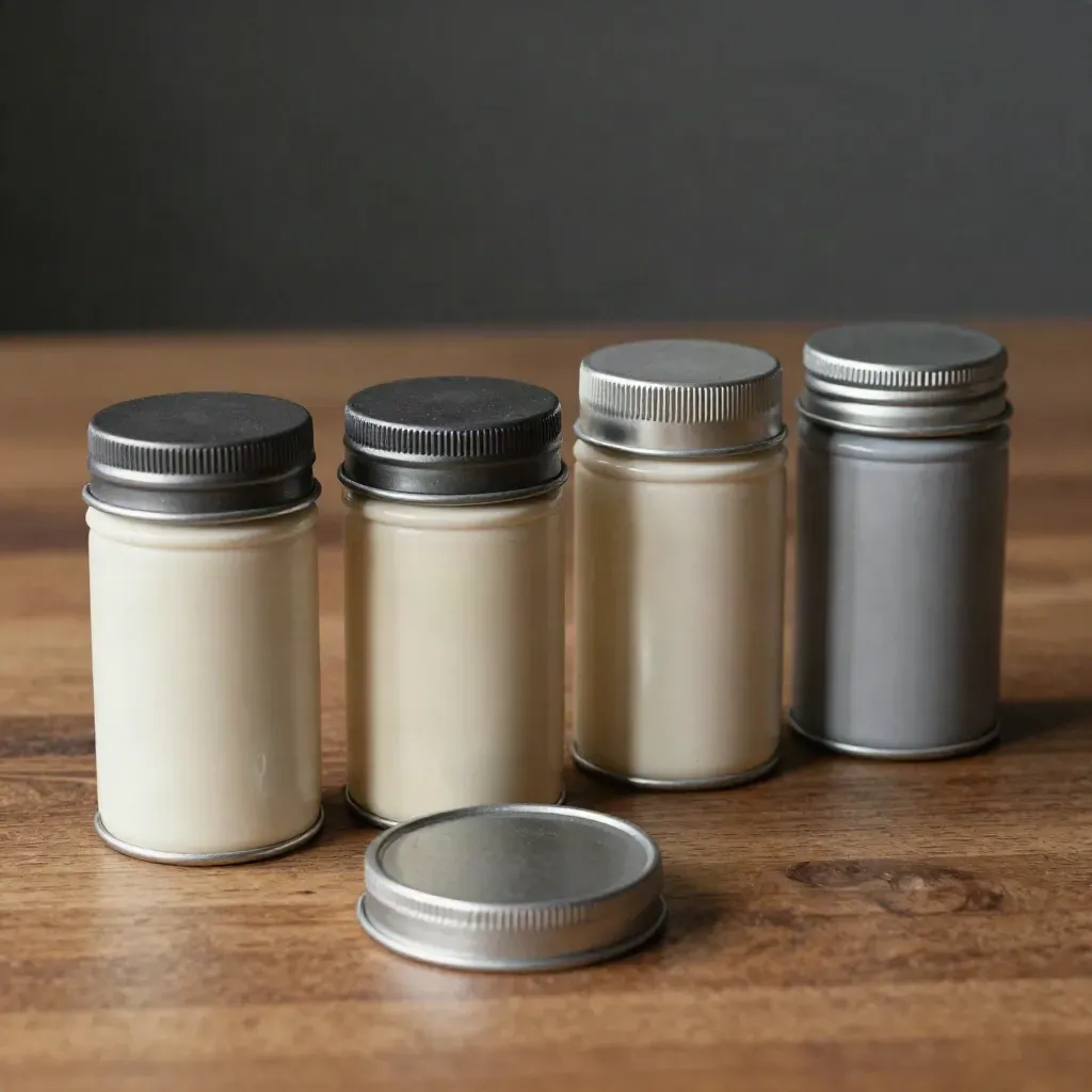 Four sealed cannabis tins and two sample tubs on a warm counter, angled for size comparison