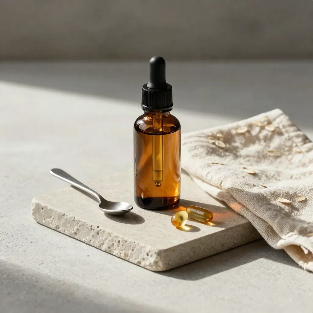 Amber tincture bottle, spoon, softgels, and linen on stone tray under soft light.